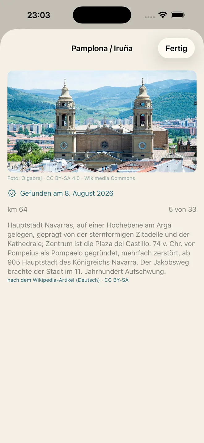 Das Ortsblatt zu Pamplona mit Foto der Kathedrale und einem Absatz über die Stadt.